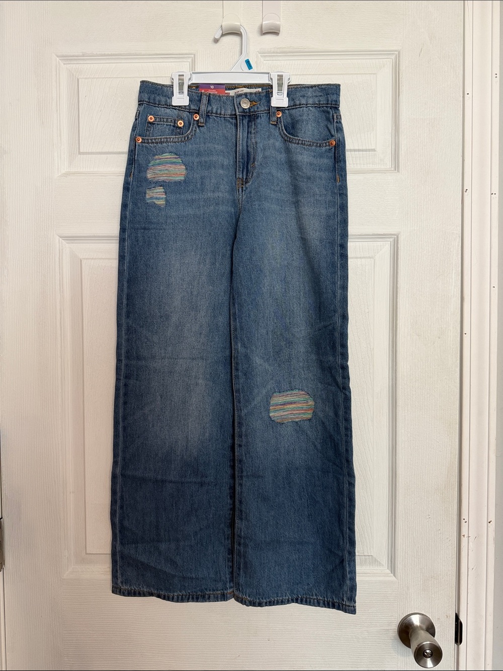 Blue girls Wide-Leg Jeans with Patch Detail